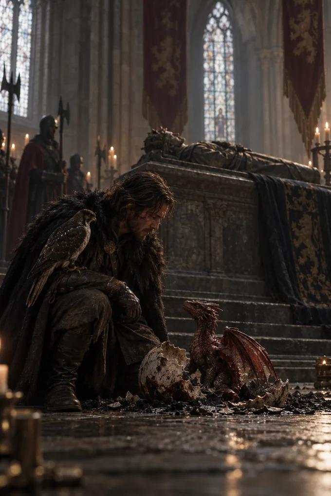 A small dragon hatches beside a king’s coffin in a candlelit cathedral.