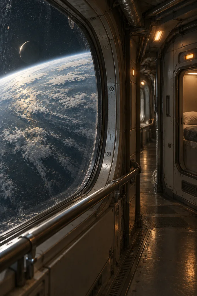Earth fills the window of a quiet, warmly lit passenger spacecraft.