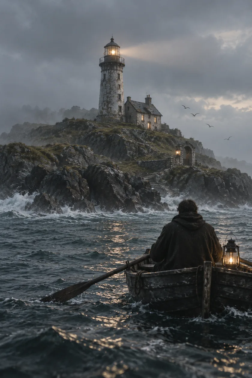 A lone passenger approaches an island lighthouse by boat as waves break against the rocks.